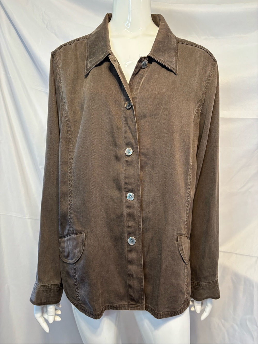 J. Jill Washed Brown Button-Front Jacket with Pleat Detail, Size XL